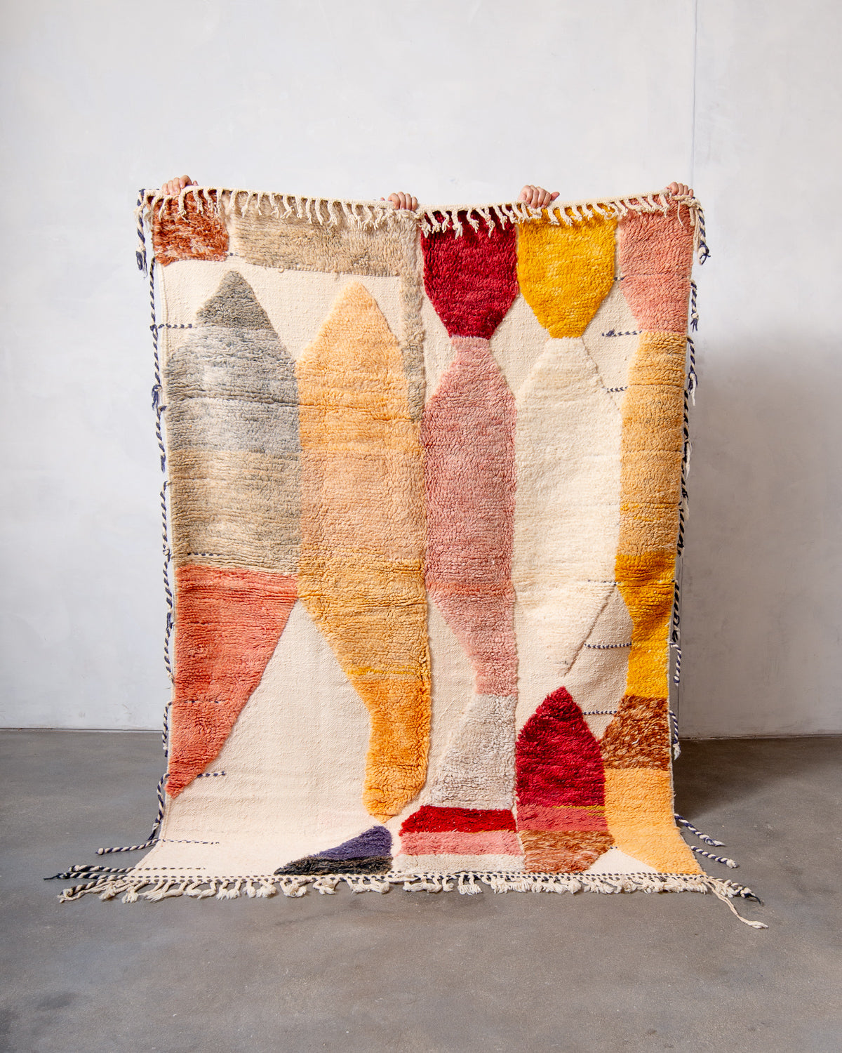 Modern, designer, handcrafted Berber rug from Morocco. Beniourain carpet with beautiful colours and patterns and fluffy wool texture.